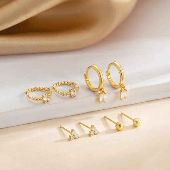 Women Trendy 14k Gold Hoop Earrings Cartilage Earring Set Cubic Zirconia Hoops - Picture 7 of 8